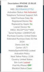 Sealed Apple iPhone 15 - 128GB - Blue (Factory unlocked ) - New