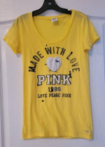 Victoria’s Secret PINK Yellow T-Shirt 86 “Made With Love” Sz XS