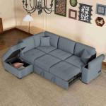 Sleeper Sectional Sofa with Pull Out Bed and Storage Ottoman, 4 Seat L-Shape Corner Couch with USB Charge and Hidden Arm Storage for Living Room