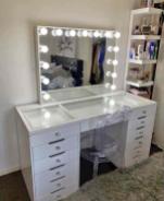 New Makeup Vanity with Mirror, 12 LED Lights, Glass Top, 8 Drawers, Power Outlet and Chair