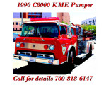 1990 C8000 KME fire engine for sale, fully functional with equipment and operational lights, in California.