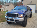 Blue Ford F350 King Ranch 4x4 truck with aftermarket wheels in a residential area