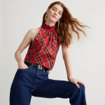 (NEW) WOMEN’S J.CREW RUFFLENECK POPLIN TOP IN GOOD TIDINGS PLAID