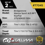 Set of 2 Tires LikeNEW Bridgestone Alenza Sport A/S RFT 275/45R20
